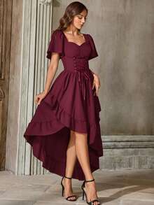 法式复古洛可可风格女式连衣裙，收腰显瘦荷叶边鱼尾裙摆长裙，适合日常穿着/出席活动 - 酒紅色 - 查看 5