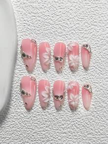 10件套童话主题美甲凝胶套装，亚克力美甲贴片，手工制作的5瓣3D山茶花、银色爱心、五角星、珠饰装饰，粉色指甲油，适合日常、派对、婚礼、春夏等场合，包含美甲工具（1个果冻贴片+1个指甲锉），三种形状可选：杏仁形、鸭嘴形、棺材形 - 彩色 - 查看 13