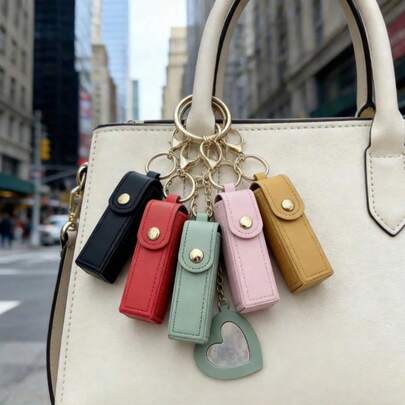 [Túi đựng son môi/son dưỡng dạng thỏi + Gương trang điểm hình trái tim + Móc khóa] Dụng cụ đựng son môi 3 trong 1, hộp đựng son dưỡng mini, tiện lợi để dặm lại son bất cứ lúc nào, thích hợp làm quà tặng du lịch, ví giả da, túi đựng đồ có móc khóa