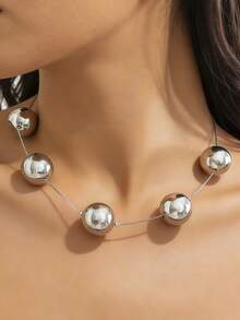 1件欧美风格金属串珠球项链，夸张银色颈链，独特设计派对配饰 - 銀色 - 查看 6