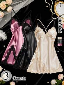 3pcs/Set Lace Trim Satin Sexy Lingerie Set, V-Neck Criss-Cross Tank Top, Bodycon Dress, Comfortable And Charming Nightgown For Women - Multicolor - View 8