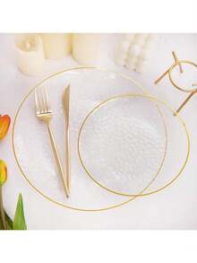 50pcs/Set Transparent Gold Rim Hammered Round Plates, 10.25 Inch Large Plate, 7.5 Inch Plate, Reusable And Easy To Clean Lovely Dinnerware, Suitable For Weddings, Birthday Parties, Family Gatherings, Outdoor Team Building, Schools, Back To School Events - View 5