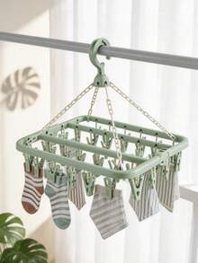 1pc Clothesline With 32 Clips And Foldable Plastic Drying Rack For Clothes, Underwear, Socks - Mint Green - View 8