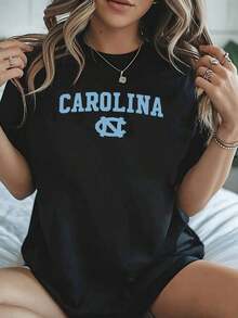 Carolina Team Graphic Women's Pattern Print TShirt Comfy Pure Cotton College Style Tee For Casual Daily Wear, Perfect Birthday Gift For UNC Alumni - 黑色 - 查看 2