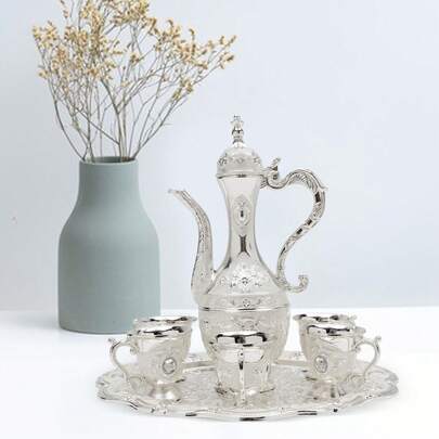 Vintage Silver Coffee Pot Cups Set With Tray And 6 Cups, Retro Exquisite Wine Pot Set, Decorative Turkish Tea Service Set For Home Party Decor, Vintage Tea Set, Tea Tray And Cups For Wine Cabinet Decor, Coffee Pot And Cups Set, Tea Service Set Including Teapot Cups Tea Tray For Living Room Dining Room Bedroom Coffee Shop