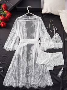 Lace Wavy Mesh See-Through Pajamas Women's Thin Long Lace Lace-Up Nightgown Underwear Set, Sexy Summer New Models, Perfectly Matched Two-Piece Tank Top Shorts And Carefully Designed Japanese Bathrobes - 白色 - 查看 3