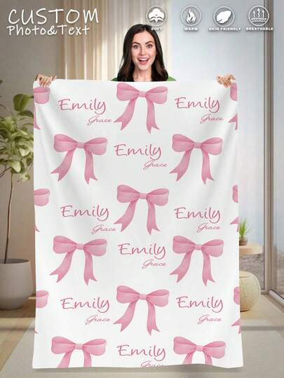 1 pezzo Coperta in pile rosa con fiocco personalizzabile - Nome personalizzabile, morbida e calda, adatta per divano, letto, viaggio, campeggio - Leggera, lavabile in lavatrice, ottimo regalo per Natale, Pasqua, compleanno, novelli sposi