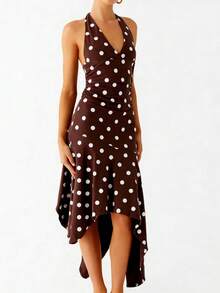 QIANZHIDU SUNSTORY 女士夏季波点复古休闲优雅露背吊带迷你连衣裙，女士泡泡裙，无袖露背A字连衣裙，适合夏季休闲度假、婚礼宾客、优雅派对、晚宴、下午茶、约会、毕业典礼等场合，女士夏季迷你裙 - 棕色 - 查看 4