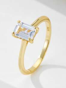 1pc S925 Sterling Silver Geometric Rectangle Cubic Zirconia Wedding Ring, Niche Design Luxury Ins Bridal Jewelry - Gold - View 2