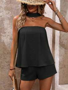 PoPoHouse 女士优雅纯色两件套，适合夏季度假、海滩、休闲、通勤、办公、婚礼、派对等场合，性感飘逸露背吊带背心和短裤套装，黑色 - 黑色 - 查看 5