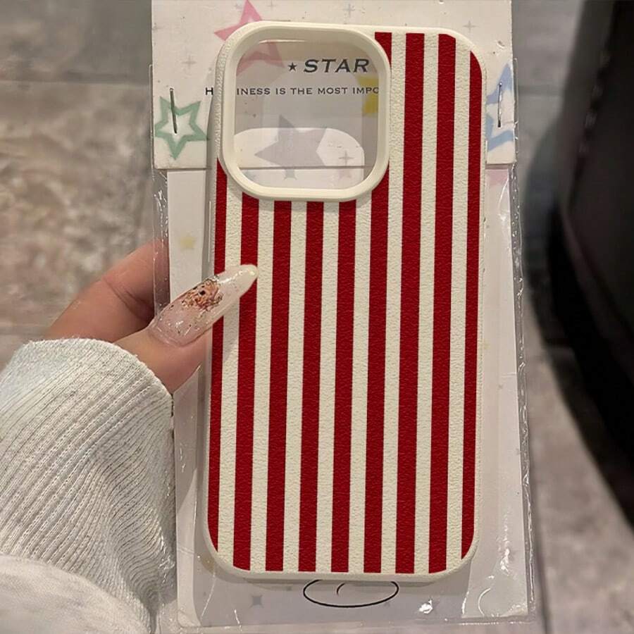 1个时尚红白条纹UV印花图案皮革质感手机壳,兼容 XR 11 12 13 14 15 16 Plus 17 Pro Max Air系列,A13、A14、A15、A16、A21S、A32、A33、A34、A35、A36、A52、A53、A54、A55系列,高端保护壳,适合作为礼物,男女皆宜,情人节礼物 - 彩色 - 查看 1