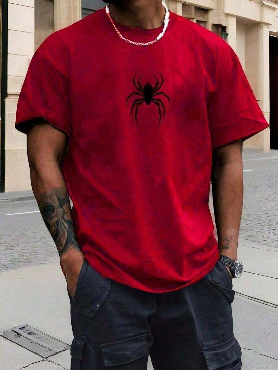 Men's Spider Chest T-Shirt Basic Casual Round Neck Cotton Short Sleeve Summer Spider - Red - View 1