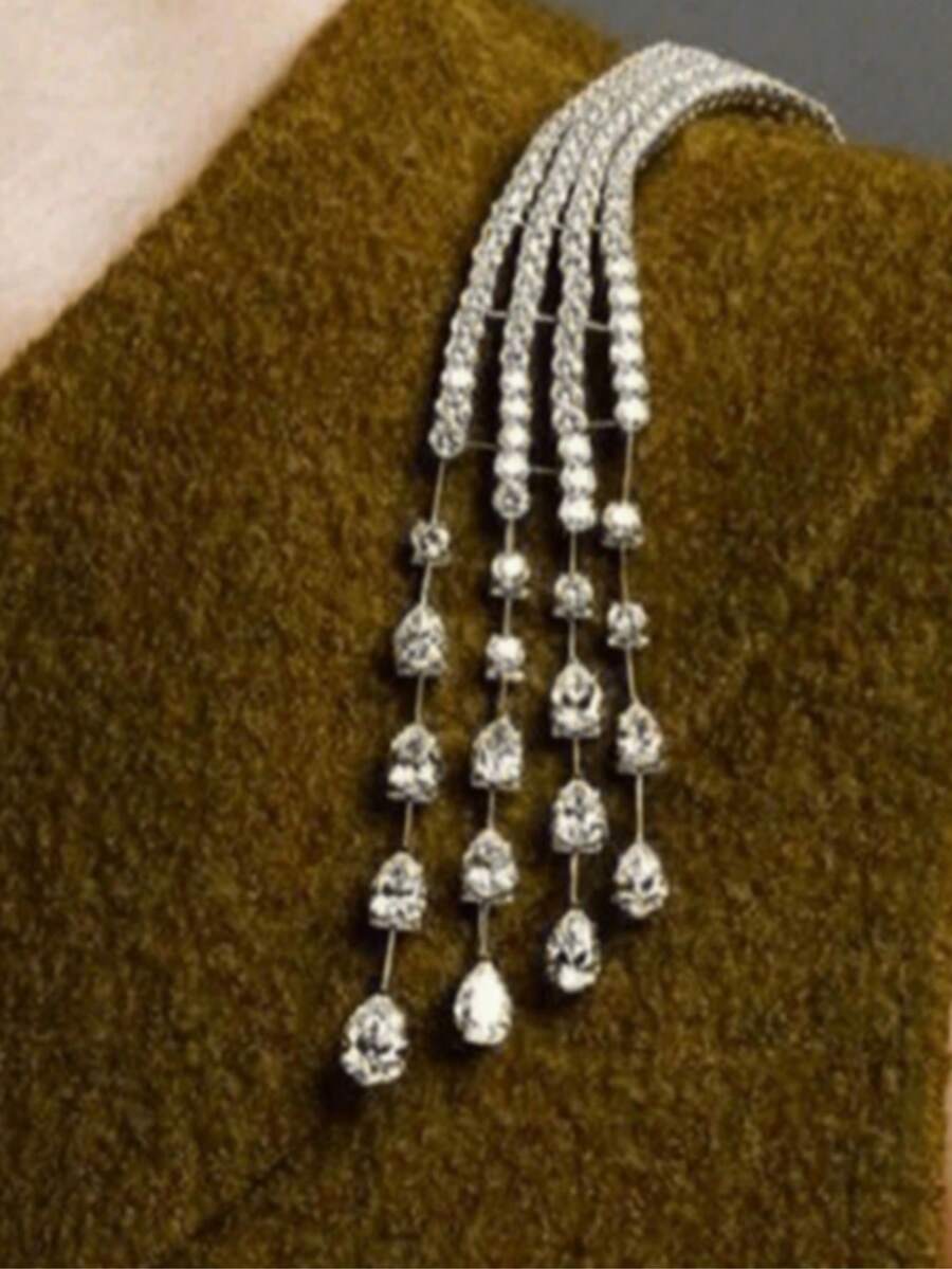 1pc New Elegant Crystal Tassel Waterdrop Design Women Shoulder Chain, Minimalist Long Fashionable Graceful Shoulder Brooch Accessory Gift - Silver - View 1