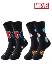 2/1 Par de Meias Masculinas Super-Herói Marvel Homem-Aranha, Estilo Cano Médio Macio e Respirável, Excelente Elasticidade, Absorção de Umidade, Design da Moda; Adequado para Presentes, Festas, Uso Diário no Verão e Diversas Ocasiões Casuais, com Padrões do Homem-Aranha / Venom, Meias Respiráveis de Verão. - Multicolorido - Visão 10