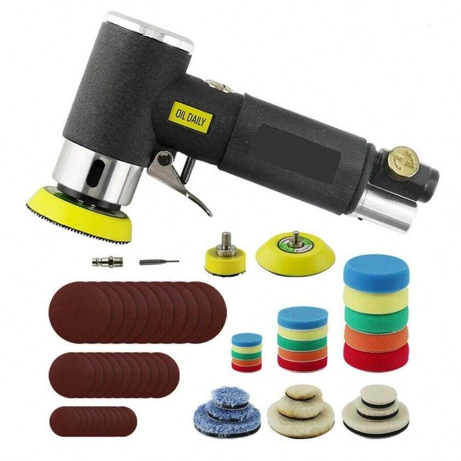 60Pcs Mini Random Orbital Air Sander Kit, Pneumatic Polisher With 1",2",3" Backing Plates, Sanding Discs & Buffing Pads For Car Polishing And Surface Sanding - Default - View 1
