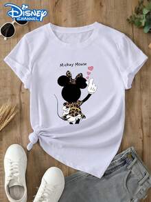This Disney Women's T-Shirt Features A Minnie Mouse Leopard Print Theme, Heart Hand Gesture Elements, And A Casual, Versatile Style; Suitable For: Disneyland Photos, Vacations, And More. Made From Soft, Comfortable, And Durable Fabric, This Spring/Summer Women's Crew Neck T-Shirt Is Perfect For Everyday Wear-Shopping, Parties, Travel, Or Gatherings. It Also Makes A Thoughtful Gift. - White - View 1
