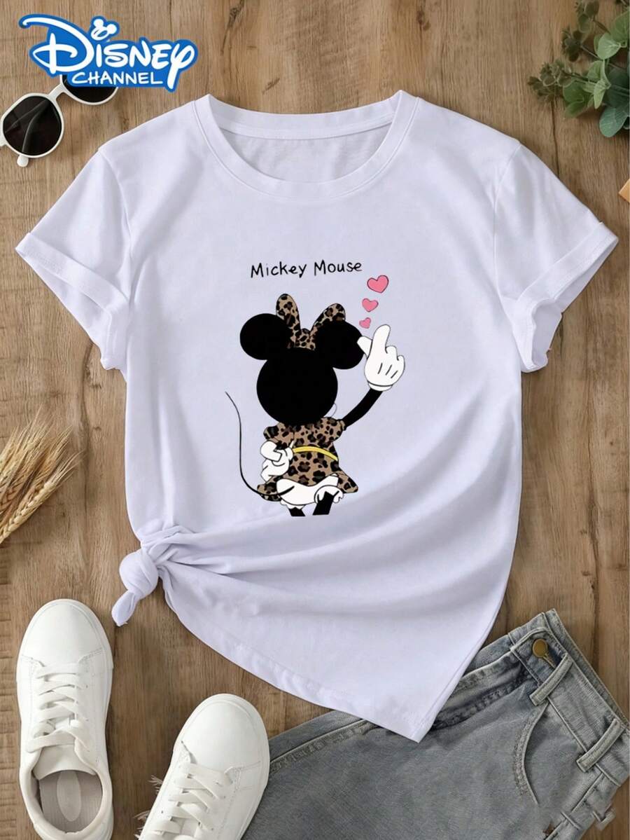 This Disney Women's T-Shirt Features A Minnie Mouse Leopard Print Theme, Heart Hand Gesture Elements, And A Casual, Versatile Style; Suitable For: Disneyland Photos, Vacations, And More. Made From Soft, Comfortable, And Durable Fabric, This Spring/Summer Women's Crew Neck T-Shirt Is Perfect For Everyday Wear-Shopping, Parties, Travel, Or Gatherings. It Also Makes A Thoughtful Gift. - White - View 1
