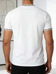 Camiseta de manga corta con cuello redondo, unicolor con letras inglesas impresas, adecuada para uso diario, salir, ocio, deportes, escuela, viajes, reuniones familiares y otras ocasiones - Blanco - Ver 3