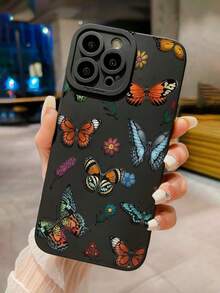 Butterfly Painted Anti-Drop Precision Hole Black Fashionable Minimalist Anti-Drop Phone Case Compatible With IP 17/IP 17PRO/ Ip16/Ip 15 XR /7/8 /Ip 16 Promax /Ip 13 Case/Caseiphone15Promax/12PROMAX/13PROMAX/14PROMAX 13 14 11 12p14 P11 P12 XS.XR /78P.78GES2 Compatible Galaxy 10/9/Note9/12c/Note11pro/Note8Pro/9C/9a/ Anti-Drop Phone Protective Cover - Multicolor - View 1
