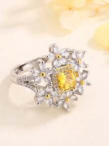 Nhẫn thời trang hình hoa rỗng bốn chấu vuông màu vàng đính đá Cubic Zirconia tổng hợp, thiết kế mở có thể điều chỉnh, quà tặng đính hôn cho nữ. - trắng - Xem 5