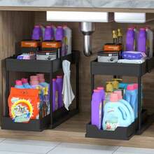 1 Piece Under Sink Organizer & Storage, 2-Tier Sliding Basket Organizer With Hooks, Multi-Purpose Under Sink Organizer & Storage For Bathroom And Kitchen, Made Of Metal And Plastic - Multicolor - View 2