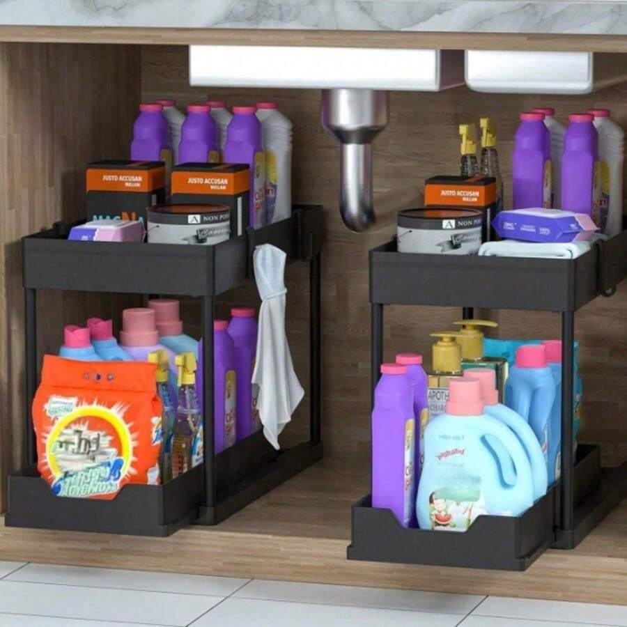 1 Piece Under Sink Organizer & Storage, 2-Tier Sliding Basket Organizer With Hooks, Multi-Purpose Under Sink Organizer & Storage For Bathroom And Kitchen, Made Of Metal And Plastic