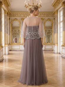 New Elegant Lace Shawl Strapless Evening Dress Gown With Shawl Included Party Spring Wedding - Dusty Purple - View 3