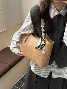 2025春季女款個性化復古軟皮托特包，極簡通勤單肩包，PU材質 - 卡其色 - 查看 3