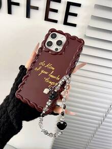 1pc Wine Red TPU Letter Phone Case + Beaded Heart Bear Wrist Strap, Suitable For IPhone 11 12 13 14 12 Pro Max 13 Pro Max 14 Pro Max 15 15 Pro 15 Pro Max 16 16 Pro 16 Pro Max 17 17 Pro 17 Pro Max, Minimalist Ins Style - Multicolor - View 3