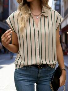 女士夏季休闲度假日常通勤撞色条纹印花V领蝙蝠袖宽松衬衫 - 杏色 - 查看 5