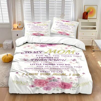 3pcs Mother's Day Letter Digital Print Duvet Cover Set, Including 1 Duvet Cover And 2 Pillow Shams, No Filler, Soft And Comfortable Bedding, Polyester, Suitable For Indoor Decoration, Home Goods, Applicable For All Seasons, Suitable For Bedroom, Hotel, Homestay, Boys And Girls Room Decor