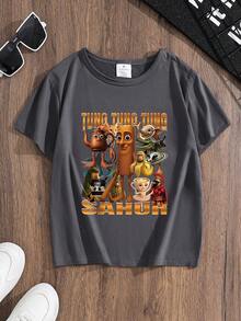 男童趣味字母标语“Tung Tung Tung Sahur”及木偶图案印花短袖T恤，休闲夏季款 - 深灰色 - 查看 3