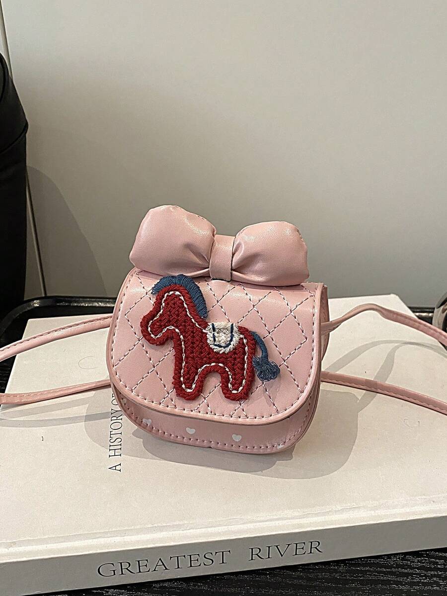 Kids Cute Bow Tie Kitten Shoulder Bag, Pony Crossbody Bag, Cartoon Fashionable Coin Purse - Pink - View 1