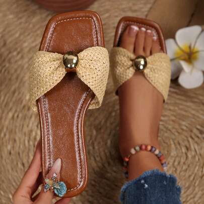 Square Toe Flat Woven Bow Sandals For Women Summer Casual Shoes For Beach Vacation Outdoor Gatherings Slides Slippers Flats