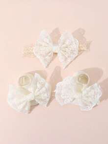 1pc Baby Solid Color Bow Headband + 1 Pair Anti-Slip Floor Socks Toddler Boat Socks - White - View 5