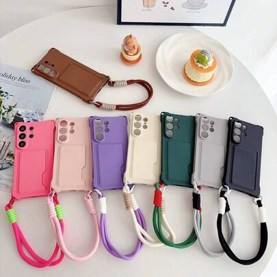 Solid Color Detachable Lanyard Phone Case Suitable For Samsung S26 Ultra, S25 Edge New Model, S24+ Very Stylish, S25U, A55, A54, A52, A16 High-End Feeling, S23FE Protective Case, S22U Card Slot Four Corners Card Holder Phone Case