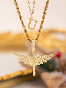 2pcs/Set New Fashion Cross Wing Pendant & 26 Letter Pendant Necklace, Stainless Steel Chain Suitable For Women's Daily, Party, Vacation Wear - Yellow Gold - View 26