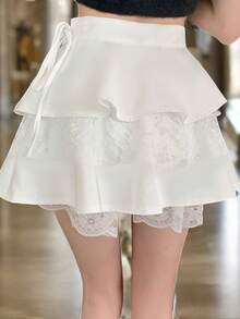 1pc Bow Tie High Waist Lace Cake Skirt, Puff Skirt Design Spring White - White - View 2