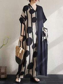 Women's Casual Long Kaftan Dress, Loose V-Neck Kimono Sleeve, Woven Fabric, Modern Polka Dot & Striped Pattern Vacation Spring Black - Black - View 3