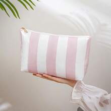 Bolsa de maquillaje grande impermeable a rayas de viaje bolsa de aseo estética de PVC organizador de bolsas de cosméticos de coqueta accesorios de viaje para mujeres y niñas Rosado - Rosa - Ver 6