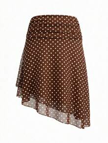 Women's Polka Dot Pattern Double-Layer Mesh Bodycon Straight Skirt, Fitted Beach Vacation Dress, Spring/Summer - Brown - View 4