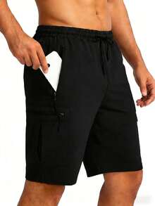 男士夏季休闲工装短裤，多口袋户外徒步速干透气短裤 - 黑色 - 查看 4