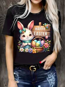 Women's "Happy Easter" Pattern T-Shirt - Casual Black T-Shirt With Cute Bunny And Colorful Egg Designs, Short Sleeves, Round Neck, Comfortable Knit Fabric, Suitable For Spring And Summer, Casual Wear | Joyful Prints | Elastic Knit Anti-Wrinkle Cotton T-Shirt - 黑色 - 查看 6
