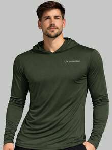 Men's UV Sun Protection Shirt With Hood, Long Sleeves - 墨綠色 - 查看 1