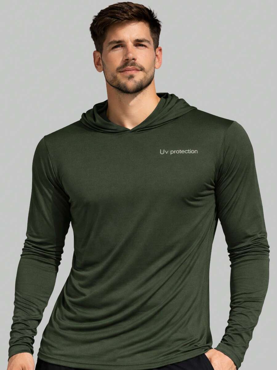 Men's UV Sun Protection Shirt With Hood, Long Sleeves - 墨綠色 - 查看 1