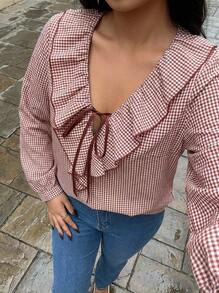 Buzzelle Áo sơ mi kẻ caro dài tay họa tiết bèo nhún thường ngày cỡ lớn dành cho nữ, thích hợp mặc hàng ngày, ngày Độc lập, Lễ Tạ ơn - Màu Đỏ Sâu - Xem 1
