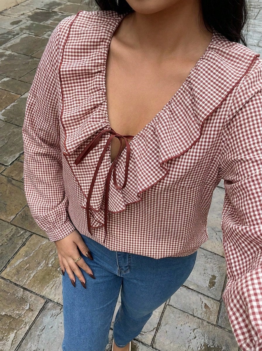 Buzzelle Áo sơ mi kẻ caro dài tay họa tiết bèo nhún thường ngày cỡ lớn dành cho nữ, thích hợp mặc hàng ngày, ngày Độc lập, Lễ Tạ ơn - Màu Đỏ Sâu - Xem 1