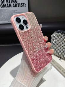 Sequins,Diamond 1pc Pink Ombre Gradient Rhinestone Phone Case, Luxury Shockproof 2-In-1 Protective Cover For IPhone 16 Pro Max/13/14 - Pink - View 2