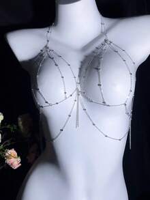 1 pieza Cadena para el pecho con múltiples capas de perlas falsas, sexy y elegante, personalizada, exquisita, accesorio para bodas y fiestas. Cadena corporal sexy de estilo europeo y americano para bikini con diseño tridimensional en la espalda, accesorio bohemio dorado para cadena de cintura de bikini y playa de verano para mujeres - Multicolor - Ver 1