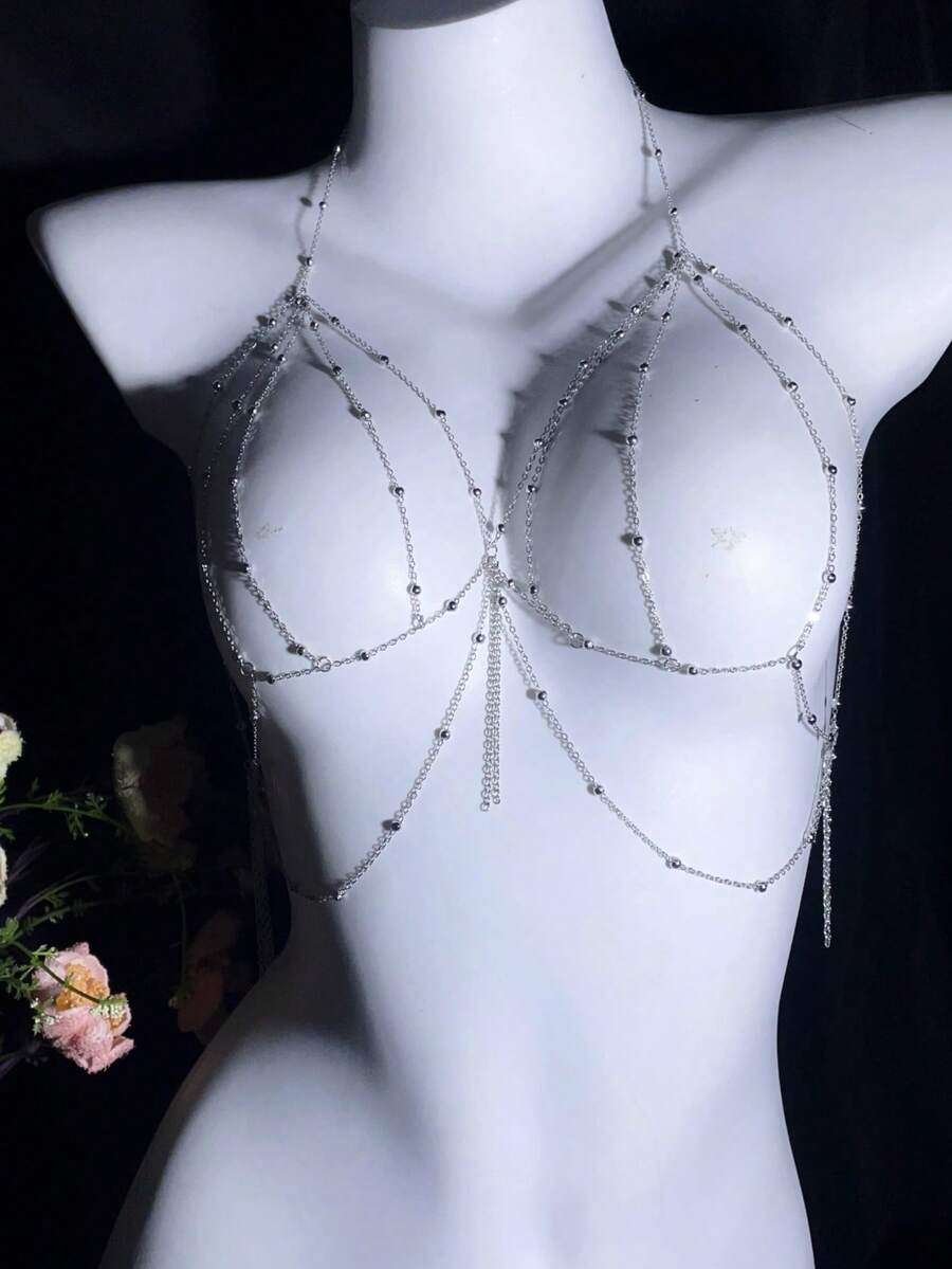 1 pieza Cadena para el pecho con múltiples capas de perlas falsas, sexy y elegante, personalizada, exquisita, accesorio para bodas y fiestas. Cadena corporal sexy de estilo europeo y americano para bikini con diseño tridimensional en la espalda, accesorio bohemio dorado para cadena de cintura de bikini y playa de verano para mujeres - Multicolor - Ver 1
